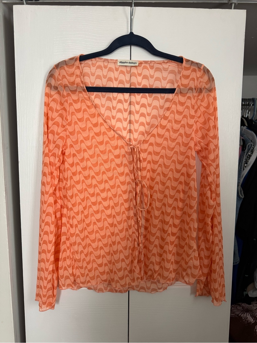 Dippin' Daisy's Orange Sheer Tie-Front Wave Print Blouse